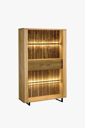 Tömör tölgyfa alacsony vitrin üveges ajtókkal, plusz lábakkal